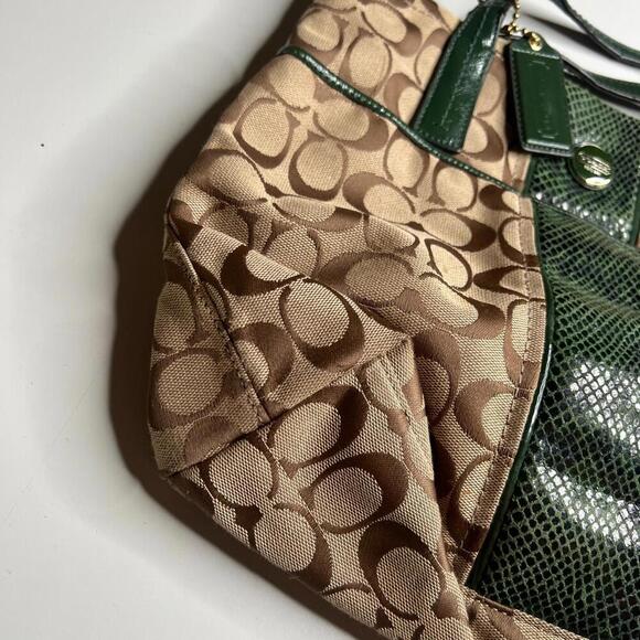 Coach F22706 Signature Stripe Patent Leather Tote Khaki Green Python Trim Handba - Picture 8 of 10